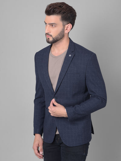 Navy Blue Checked Single Breasted Blazer-Men Blazers-Crimsoune Club