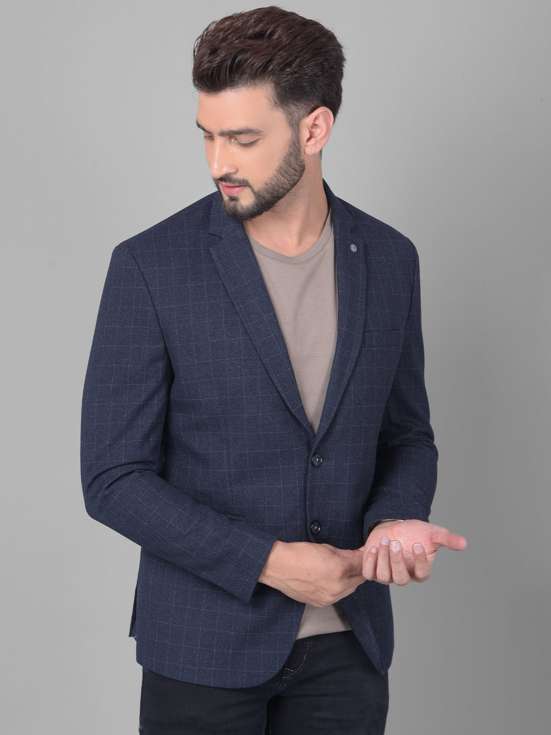 Navy Blue Checked Single Breasted Blazer-Men Blazers-Crimsoune Club