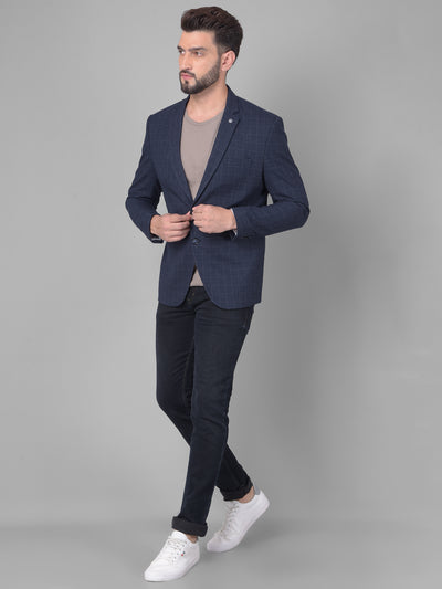 Navy Blue Checked Single Breasted Blazer-Men Blazers-Crimsoune Club