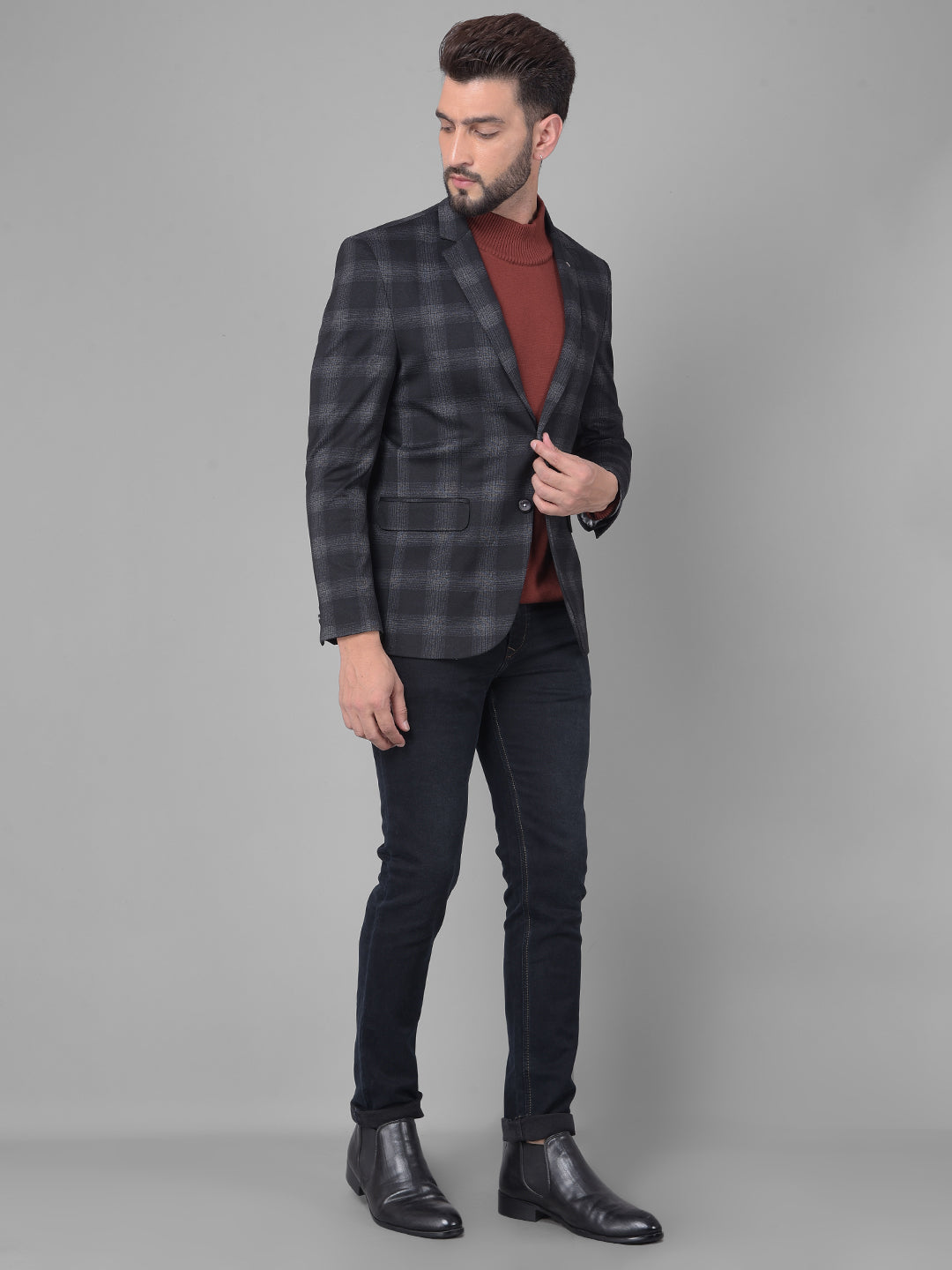 Black Checked Single Breasted Blazer-Men Blazers-Crimsoune Club