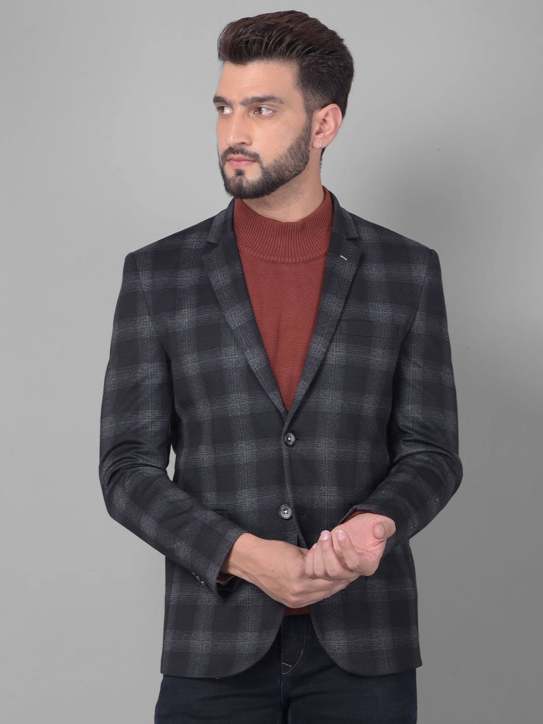 Black Checked Single Breasted Blazer-Men Blazers-Crimsoune Club