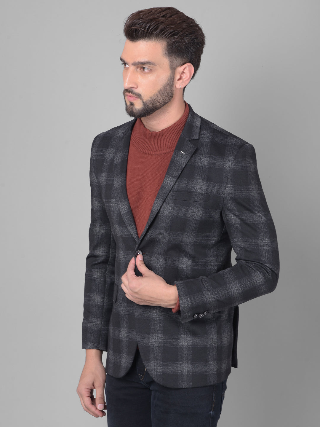 Black Checked Single Breasted Blazer-Men Blazers-Crimsoune Club