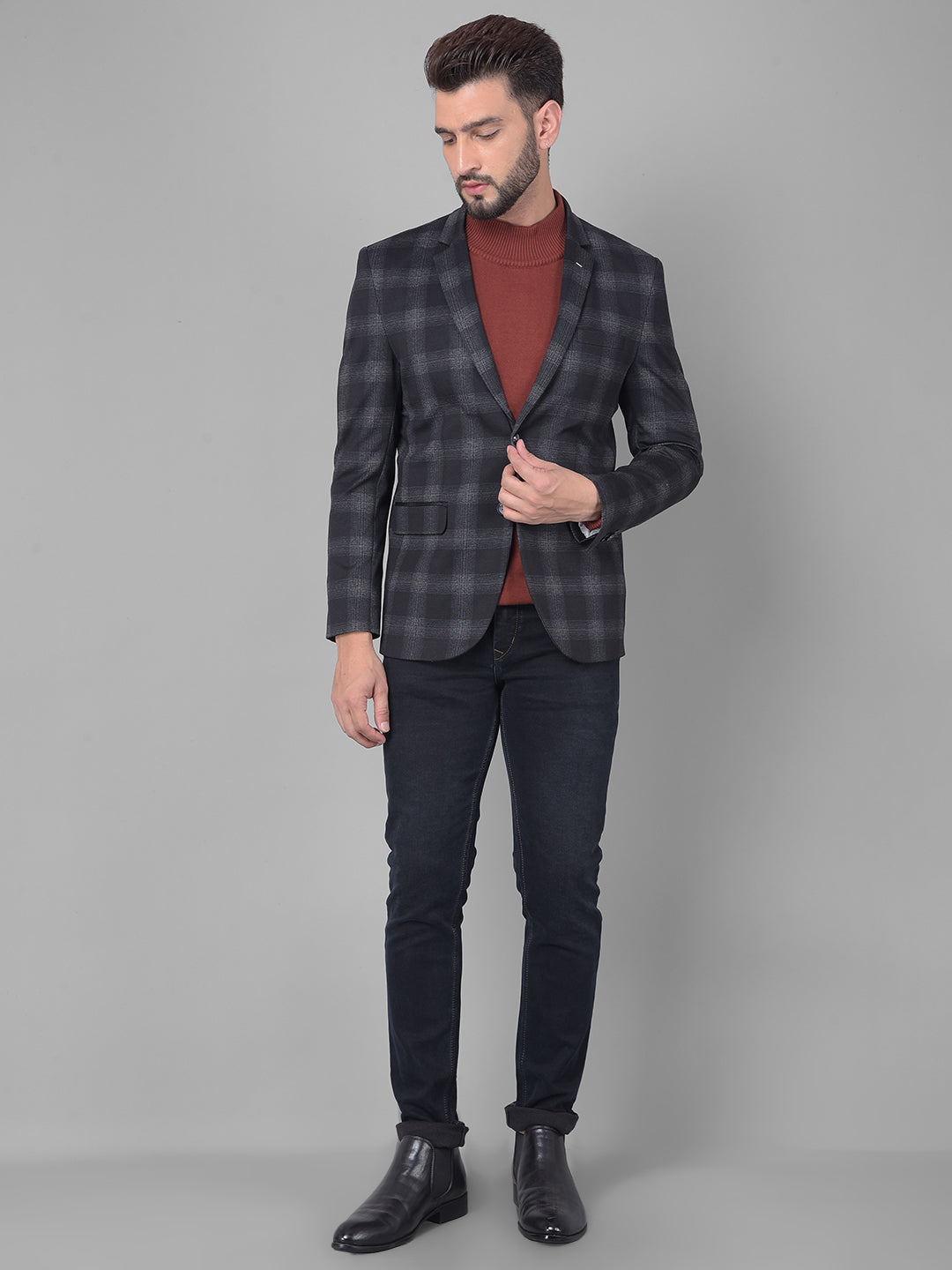 Black Checked Single Breasted Blazer-Men Blazers-Crimsoune Club