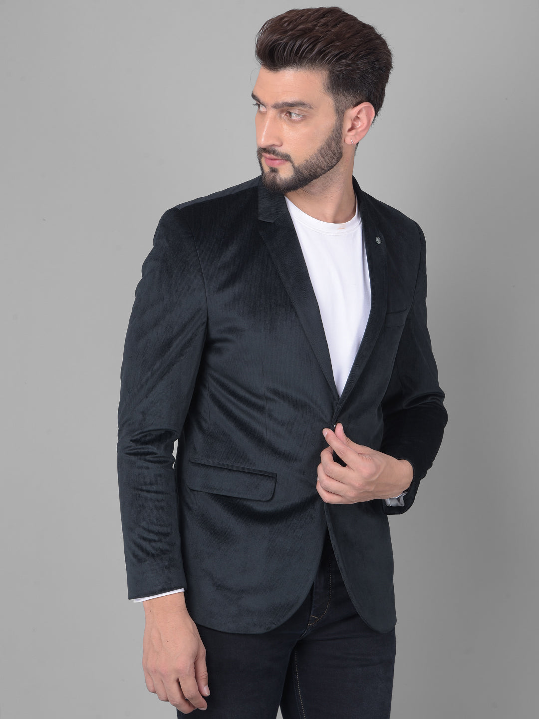 Black Single Breasted Corduroy Blazer-Men Blazers-Crimsoune Club