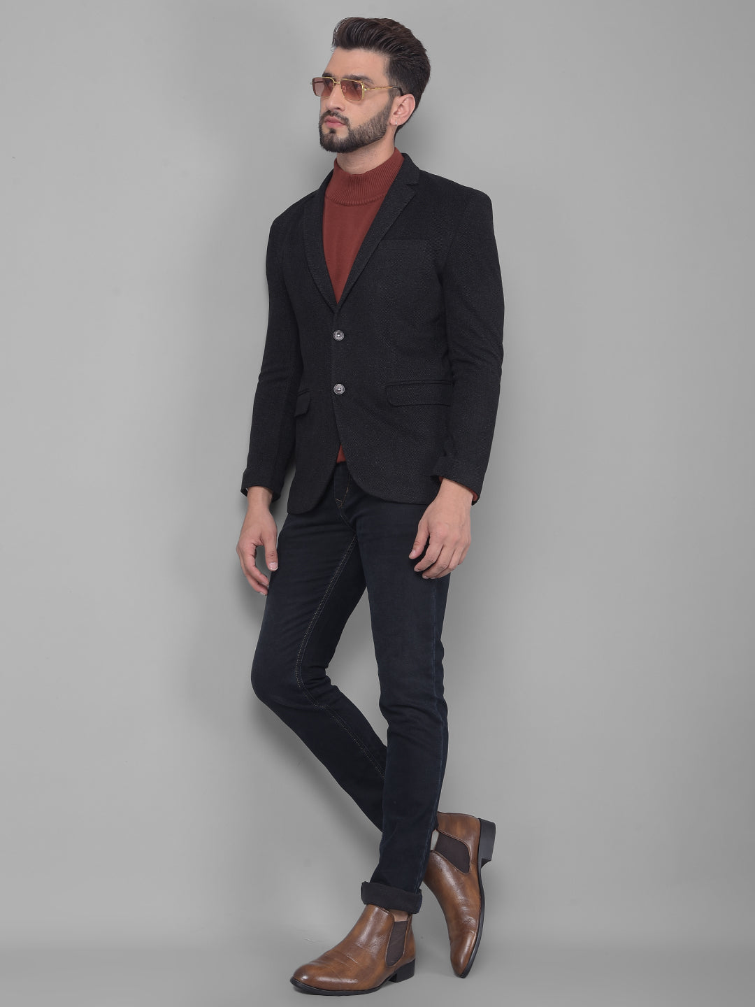 Black Single Breasted Blazer-Men Blazers-Crimsoune Club