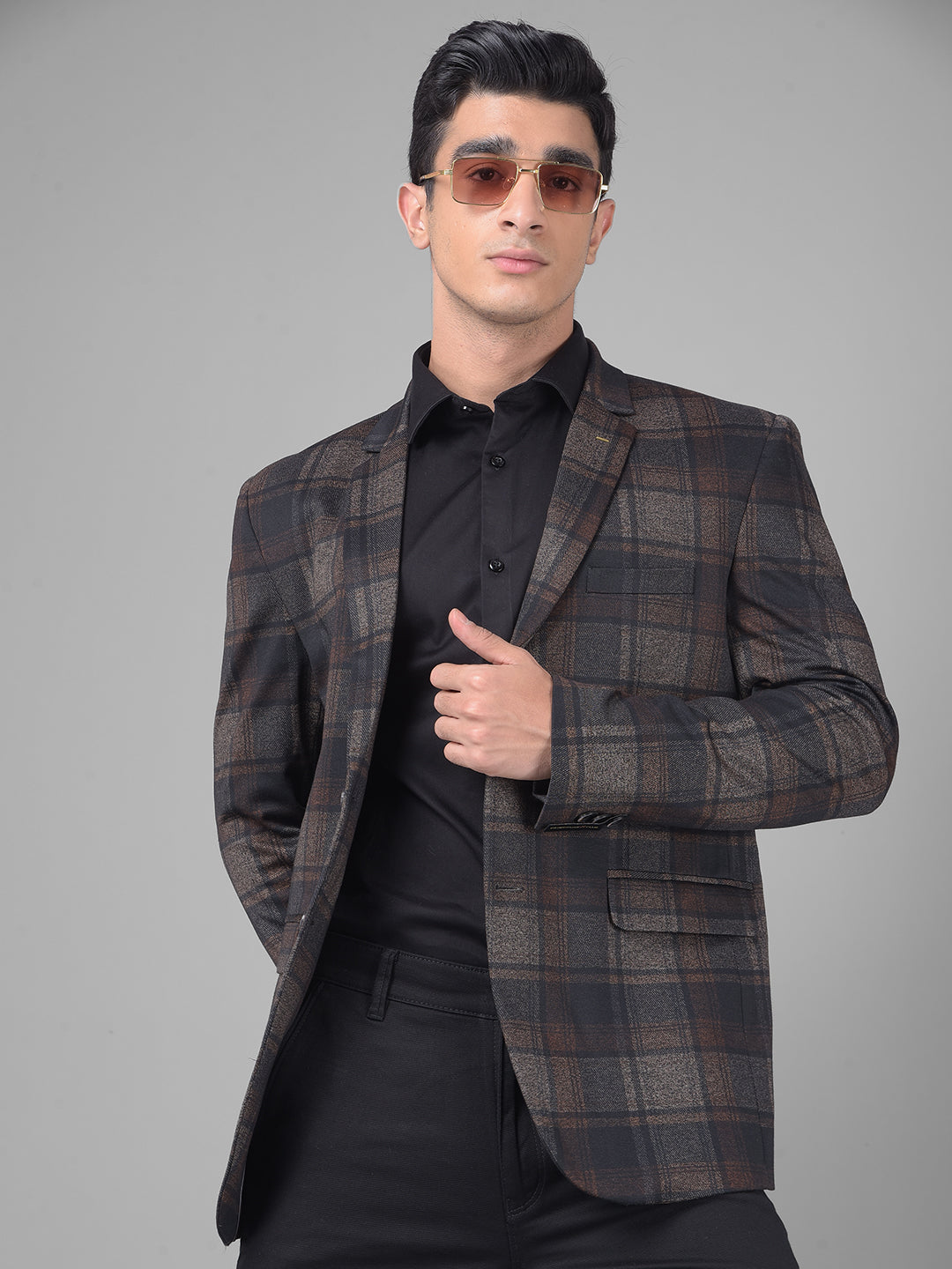 Brown Checked Single Breasted Blazer-Men Blazers-Crimsoune Club