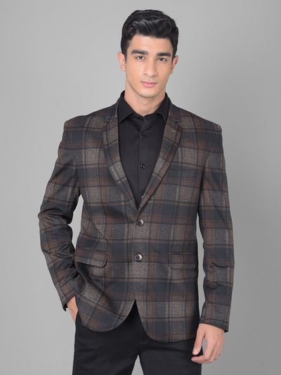 Brown Checked Single Breasted Blazer-Men Blazers-Crimsoune Club