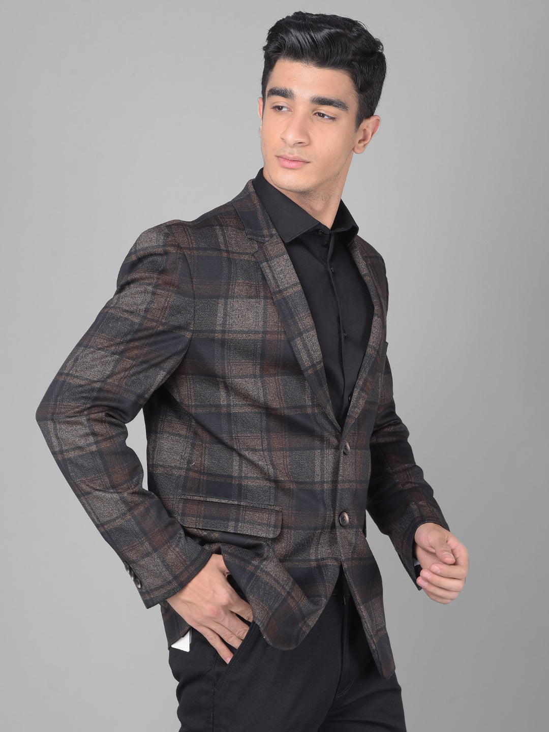 Brown Checked Single Breasted Blazer-Men Blazers-Crimsoune Club