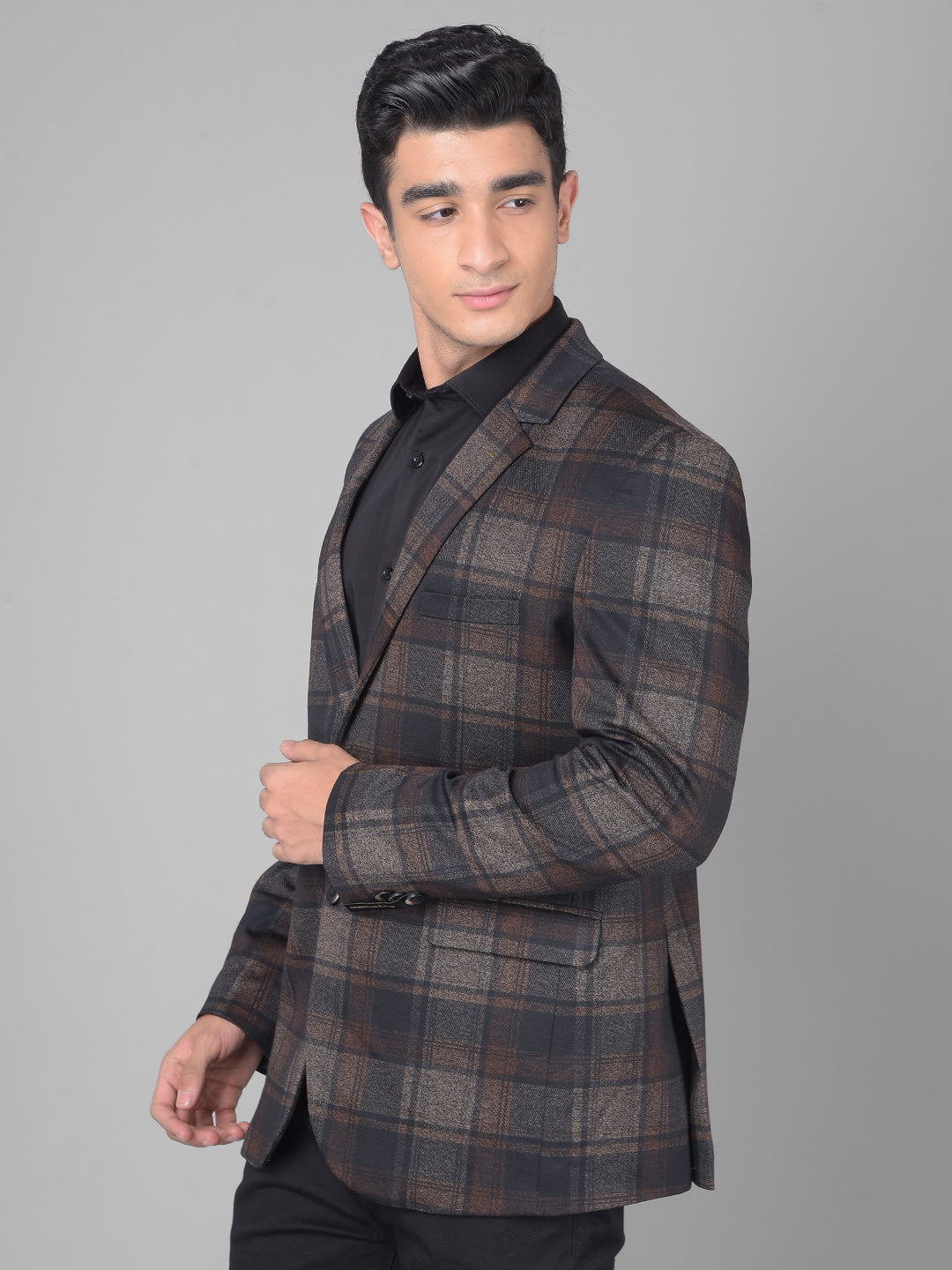 Brown Checked Single Breasted Blazer-Men Blazers-Crimsoune Club