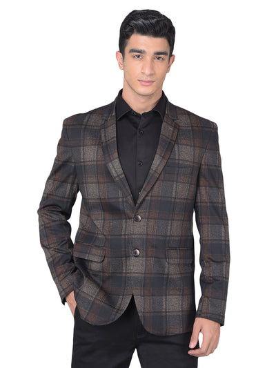 Brown Checked Single Breasted Blazer-Men Blazers-Crimsoune Club