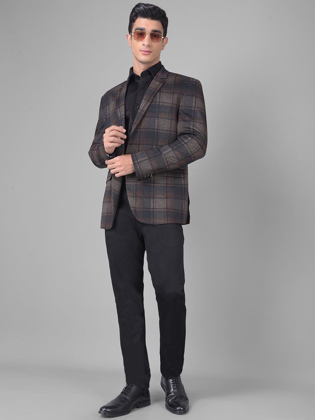 Brown Checked Single Breasted Blazer-Men Blazers-Crimsoune Club