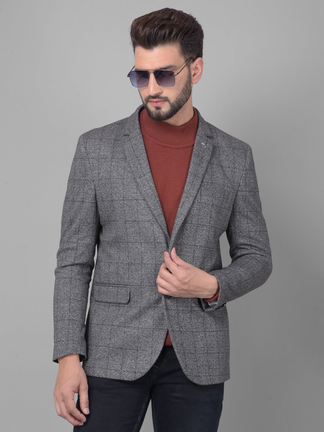 Grey Checked Single Breasted Blazer-Men Blazers-Crimsoune Club