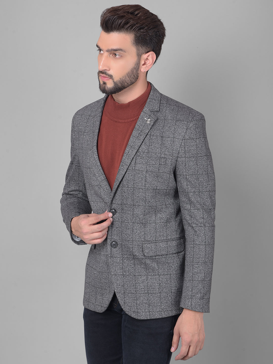 Grey Checked Single Breasted Blazer-Men Blazers-Crimsoune Club