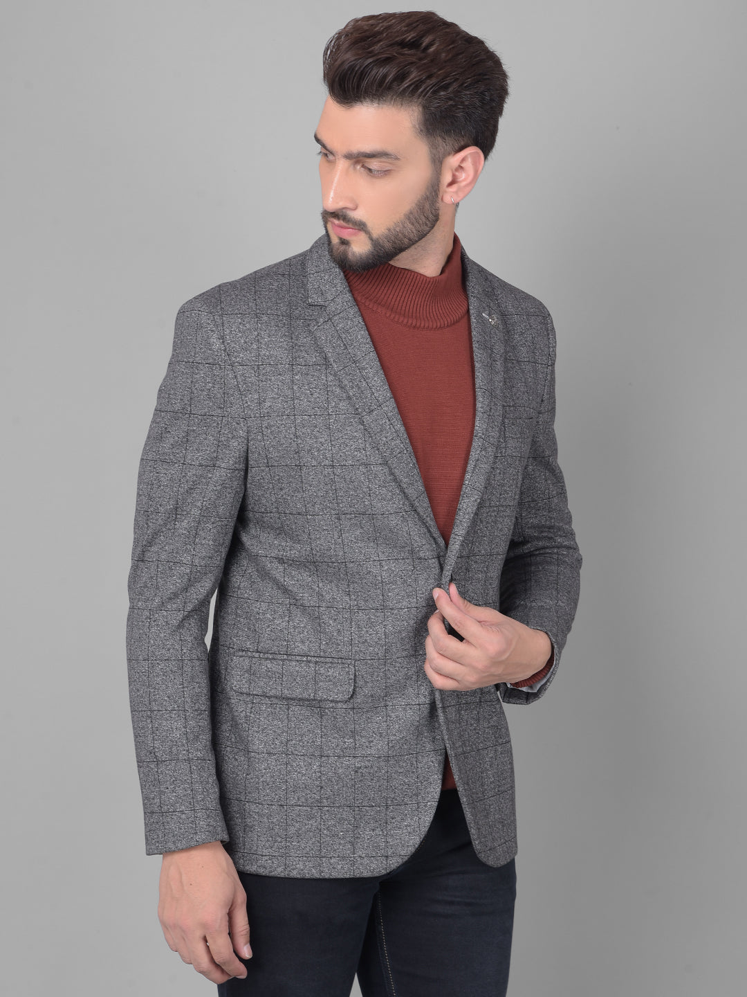 Grey Checked Single Breasted Blazer-Men Blazers-Crimsoune Club