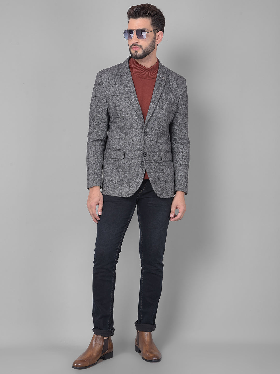 Grey Checked Single Breasted Blazer-Men Blazers-Crimsoune Club