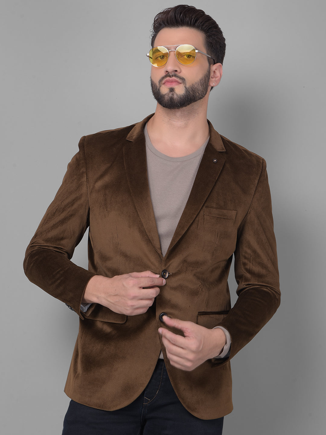 Brown Single Breasted Corduroy Blazer-Men Blazers-Crimsoune Club