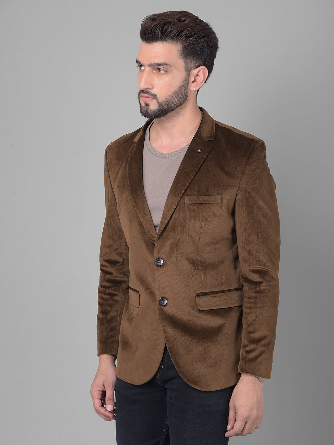 Brown Single Breasted Corduroy Blazer-Men Blazers-Crimsoune Club