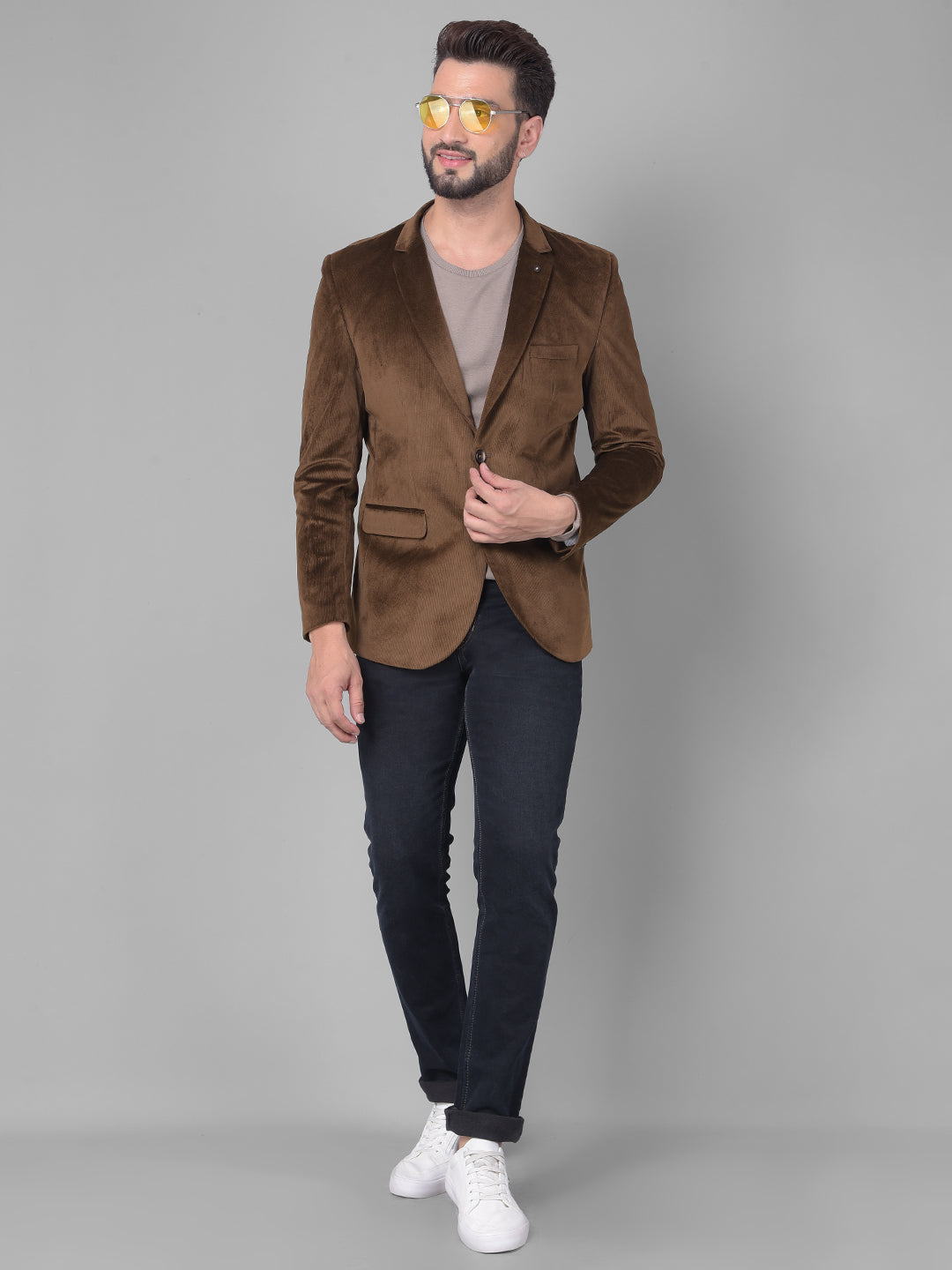 Brown Single Breasted Corduroy Blazer-Men Blazers-Crimsoune Club