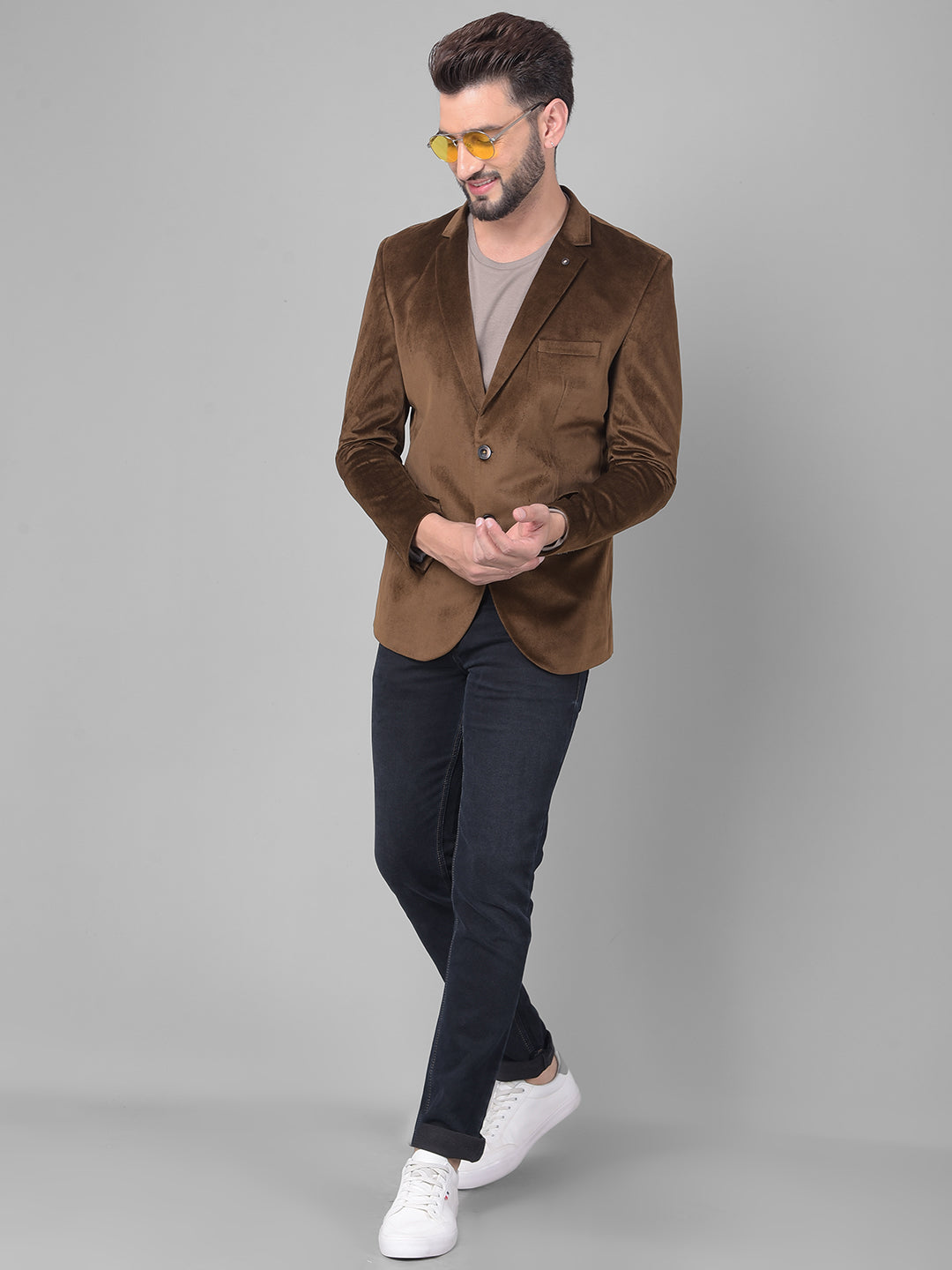 Brown Single Breasted Corduroy Blazer-Men Blazers-Crimsoune Club