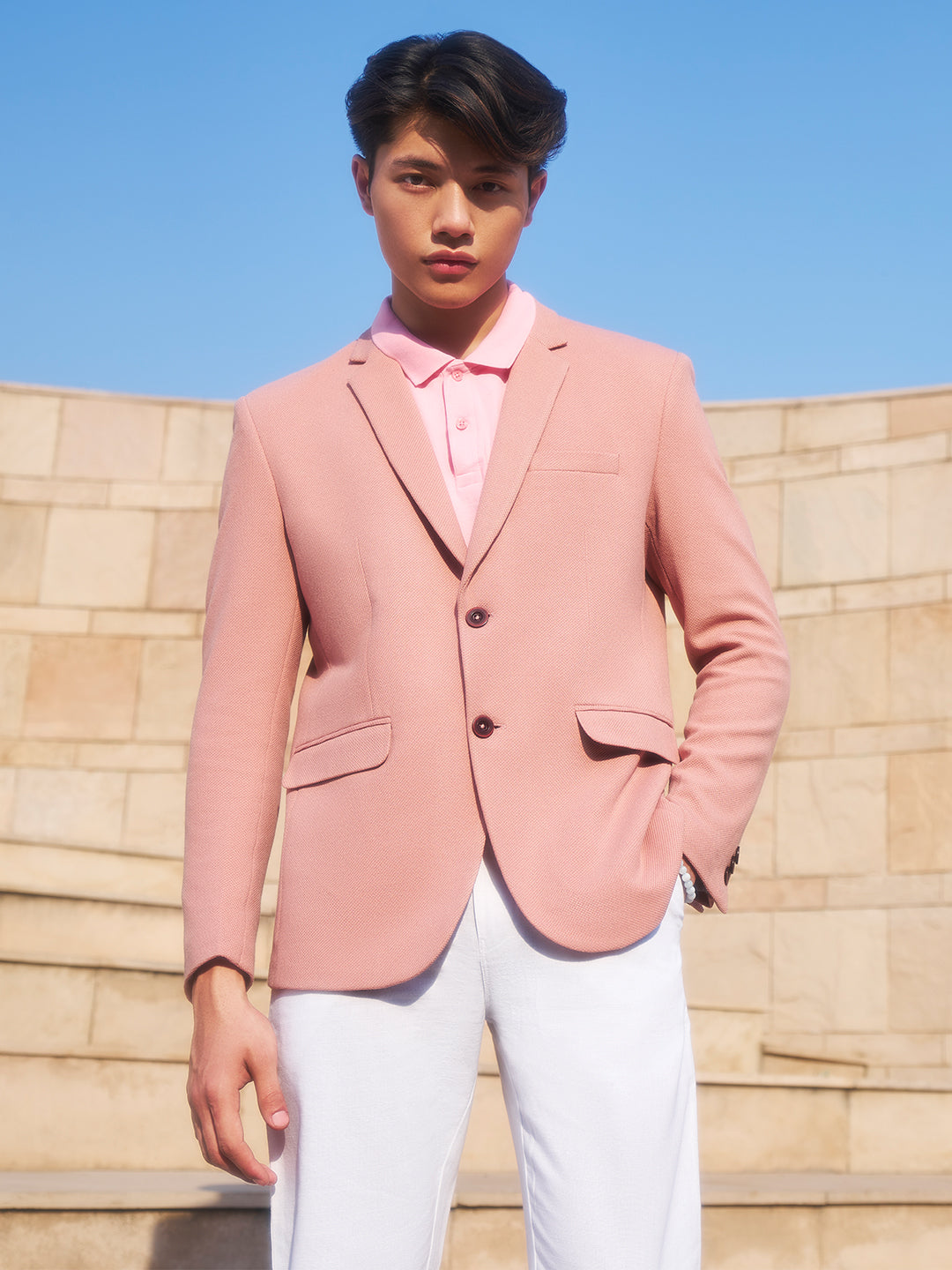 Peach Single Breasted Blazer-Men Blazers-Crimsoune Club