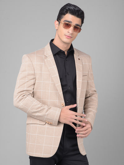 Beige Checked Single Breasted Blazer-Men Blazers-Crimsoune Club