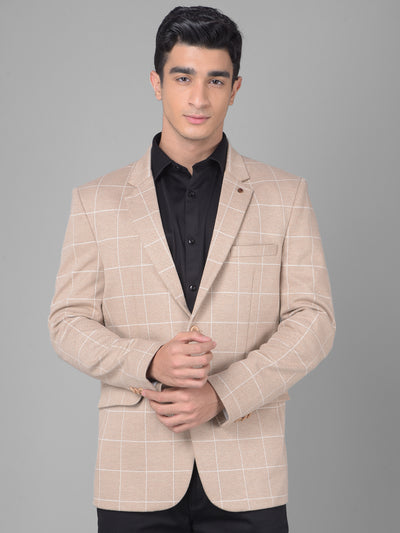 Beige Checked Single Breasted Blazer-Men Blazers-Crimsoune Club