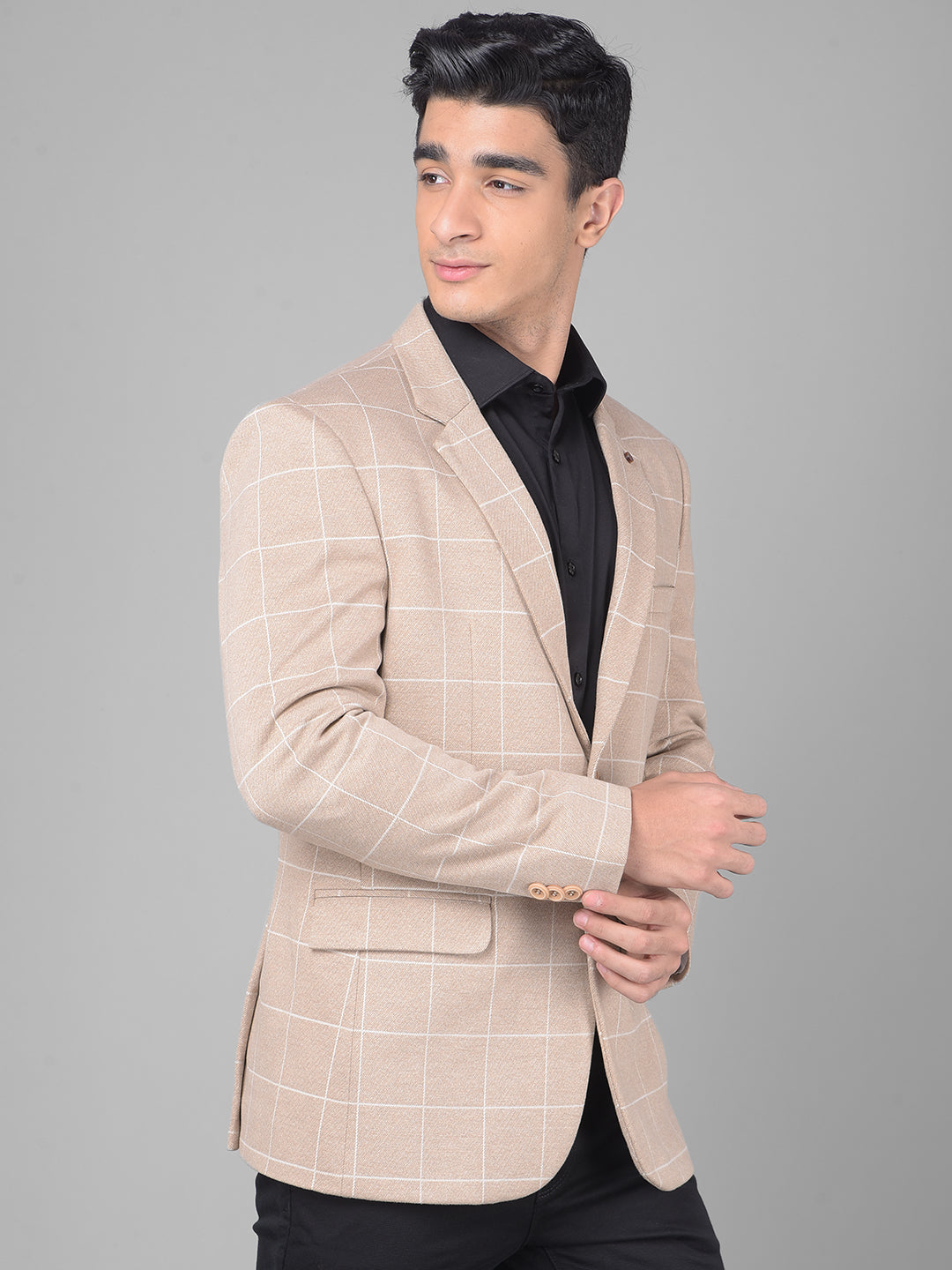 Beige Checked Single Breasted Blazer-Men Blazers-Crimsoune Club