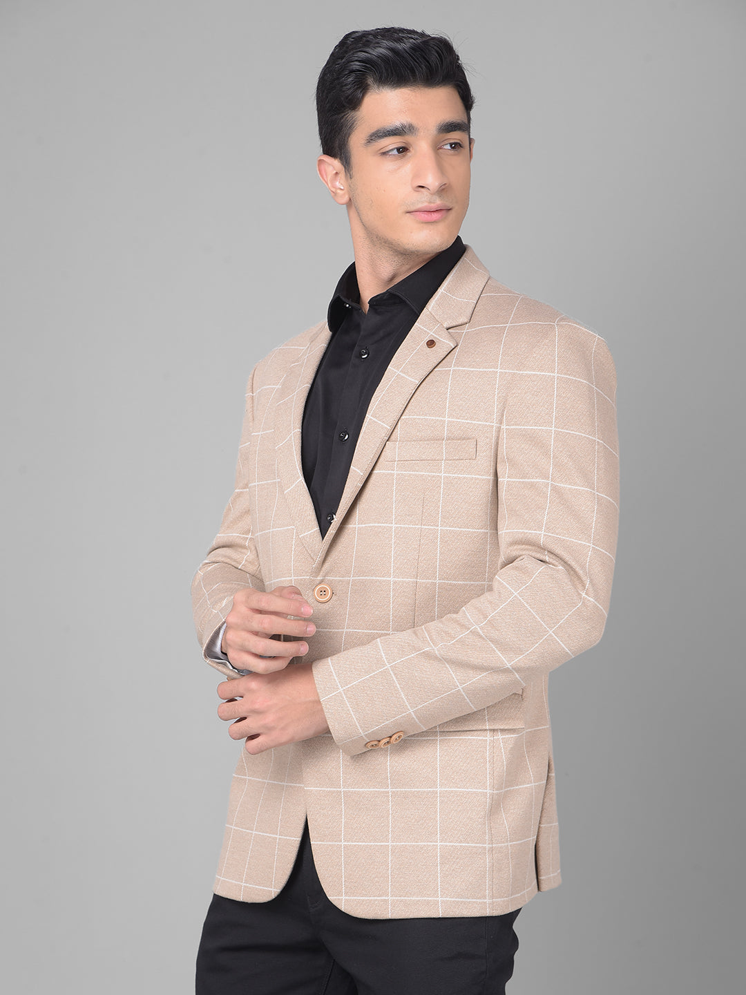 Beige Checked Single Breasted Blazer-Men Blazers-Crimsoune Club