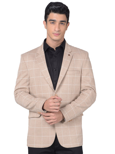 Beige Checked Single Breasted Blazer-Men Blazers-Crimsoune Club