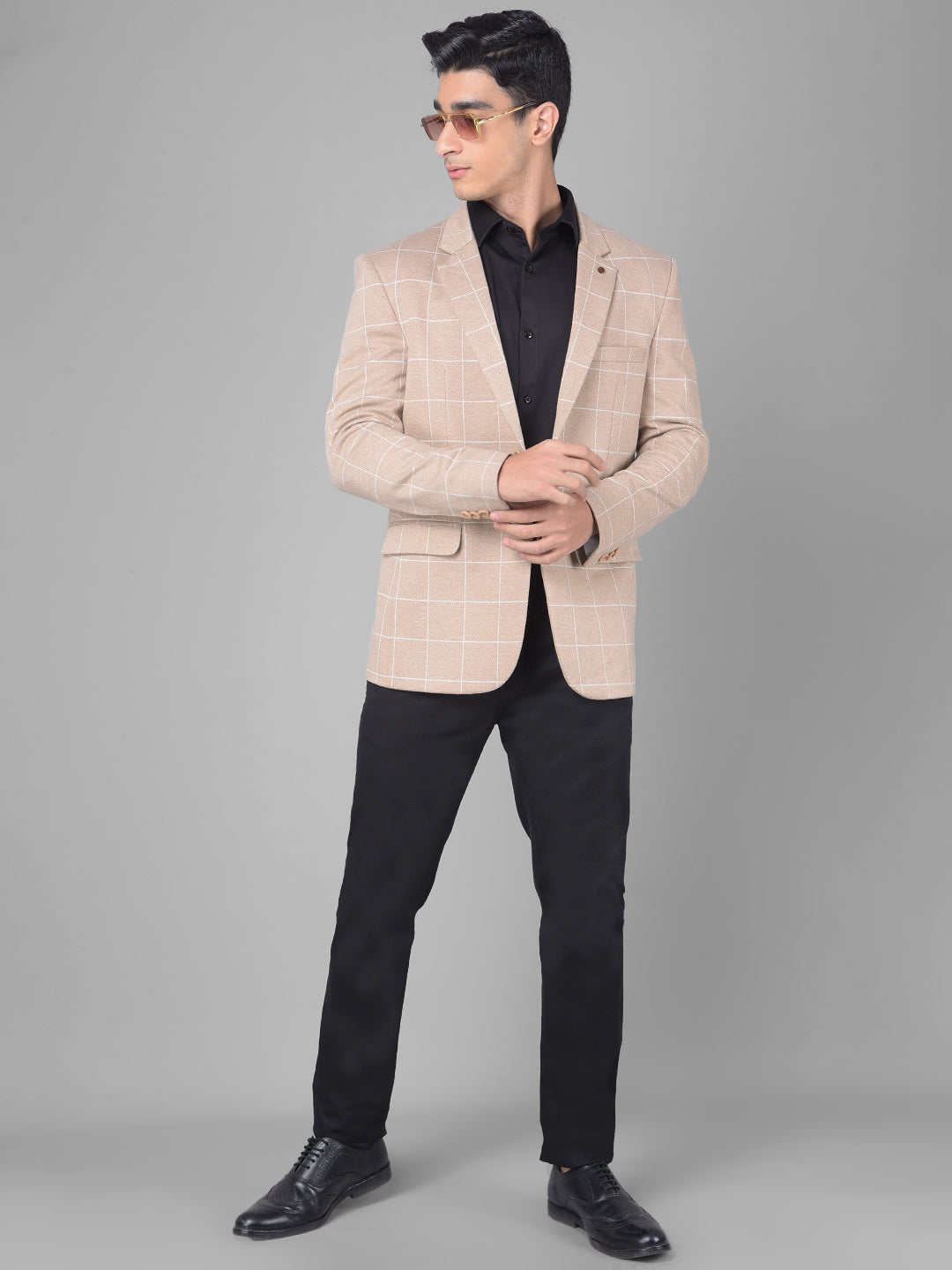 Beige Checked Single Breasted Blazer-Men Blazers-Crimsoune Club