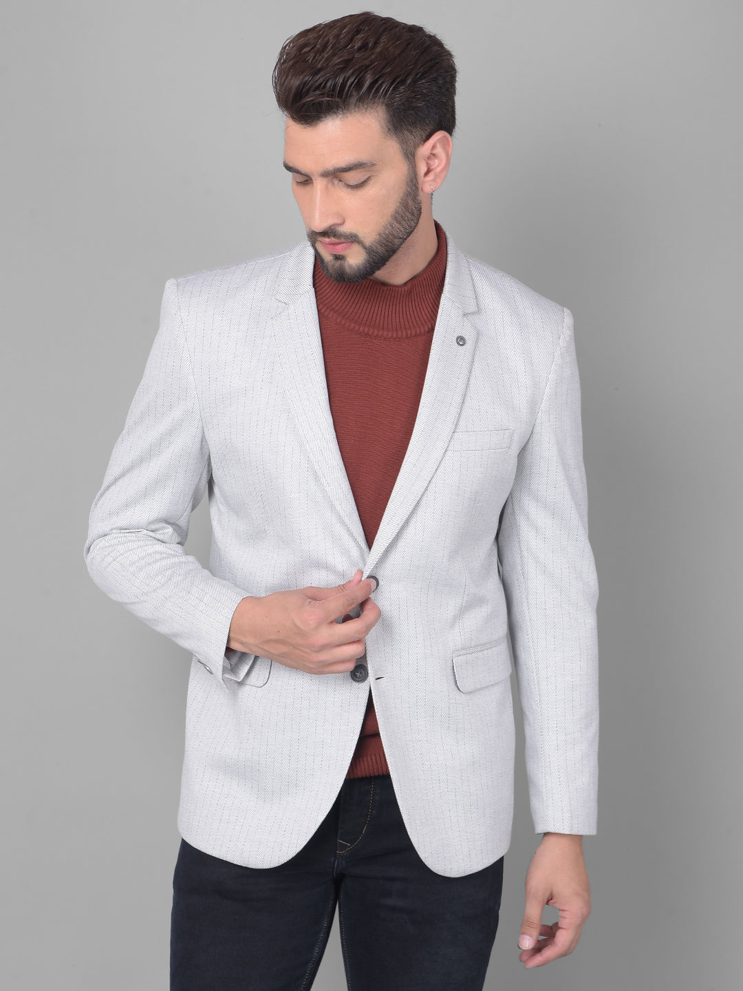 Grey Striped Single Breasted Blazer-Men Blazers-Crimsoune Club