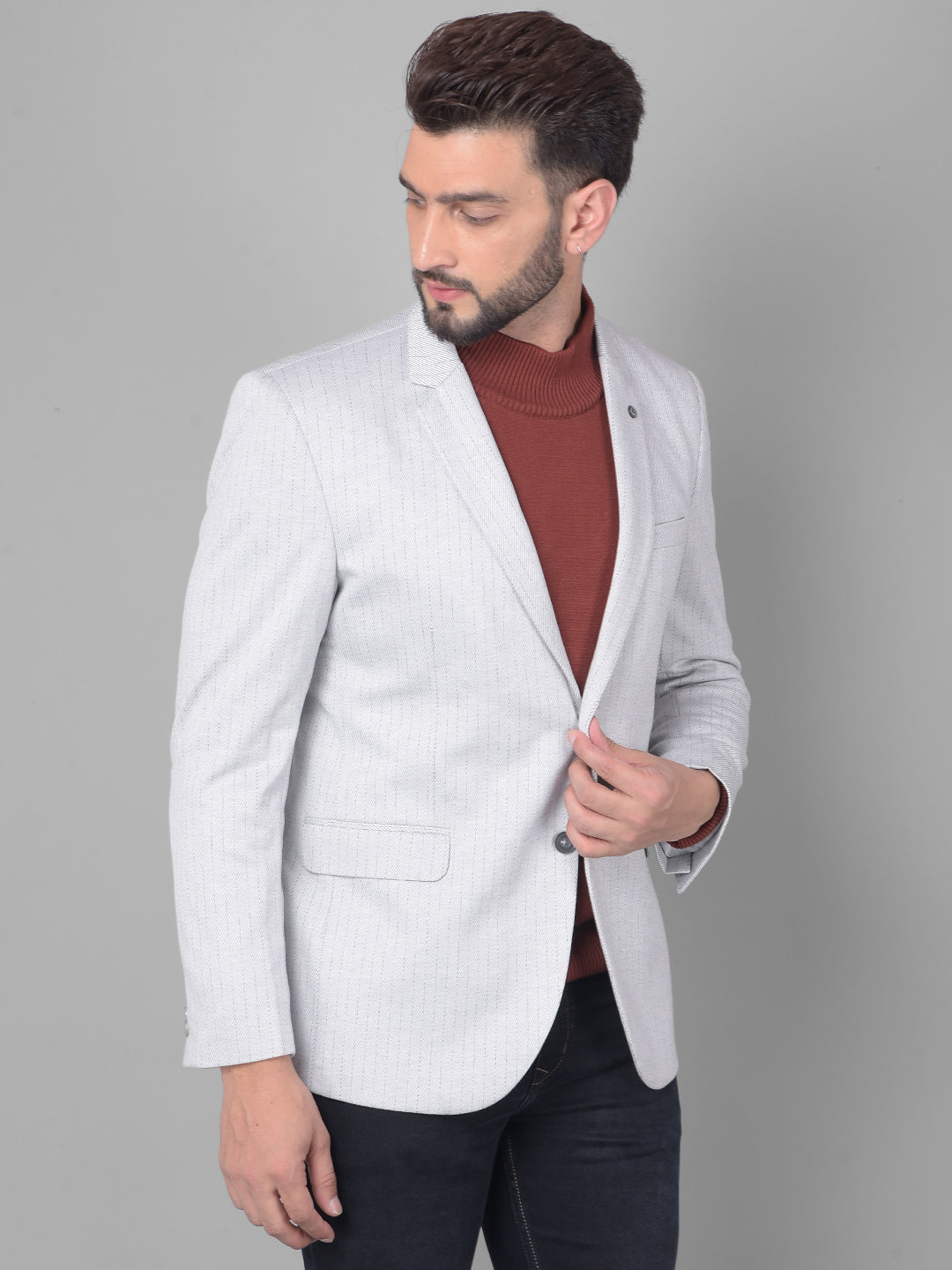 Grey Striped Single Breasted Blazer-Men Blazers-Crimsoune Club