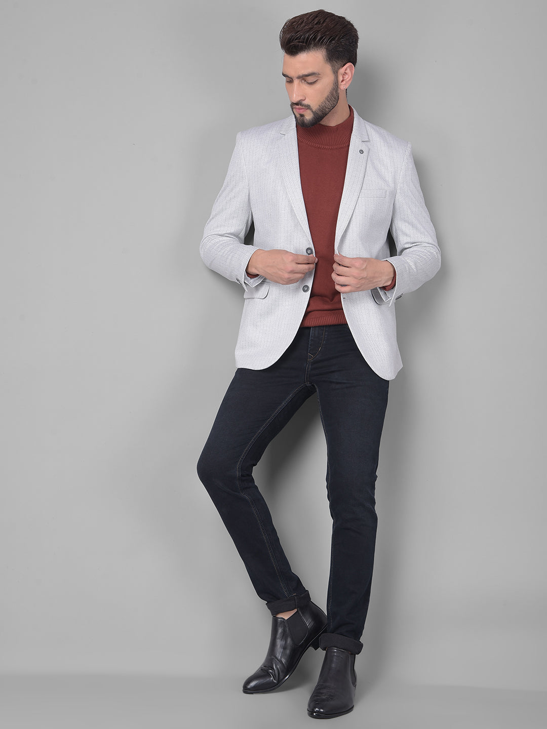 Grey Striped Single Breasted Blazer-Men Blazers-Crimsoune Club