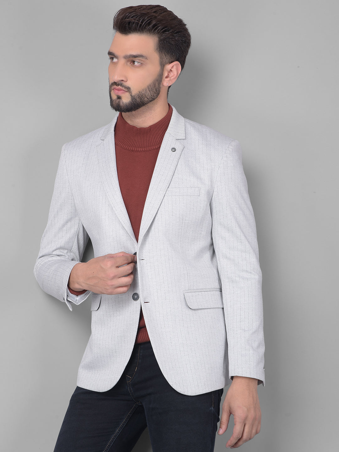 Grey Striped Single Breasted Blazer-Men Blazers-Crimsoune Club