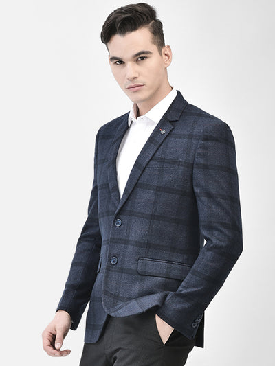 Navy Blue Checked Single Breasted Blazer-Men Blazers-Crimsoune Club