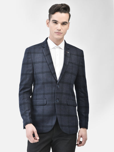 Navy Blue Checked Single Breasted Blazer-Men Blazers-Crimsoune Club