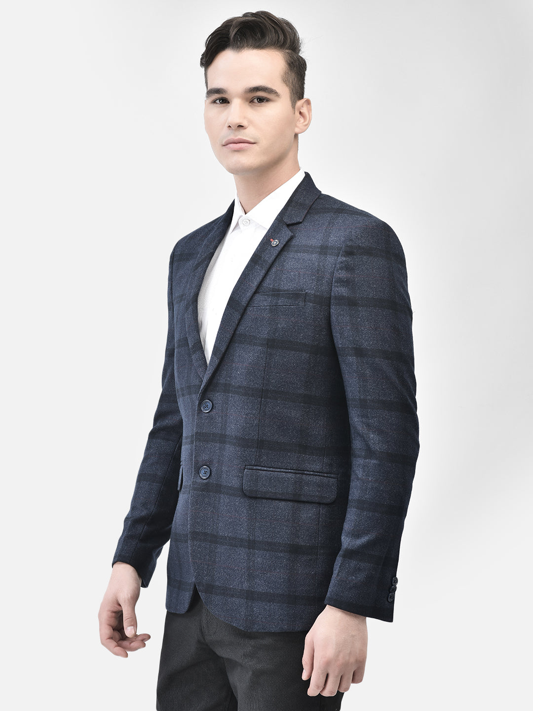 Navy Blue Checked Single Breasted Blazer-Men Blazers-Crimsoune Club