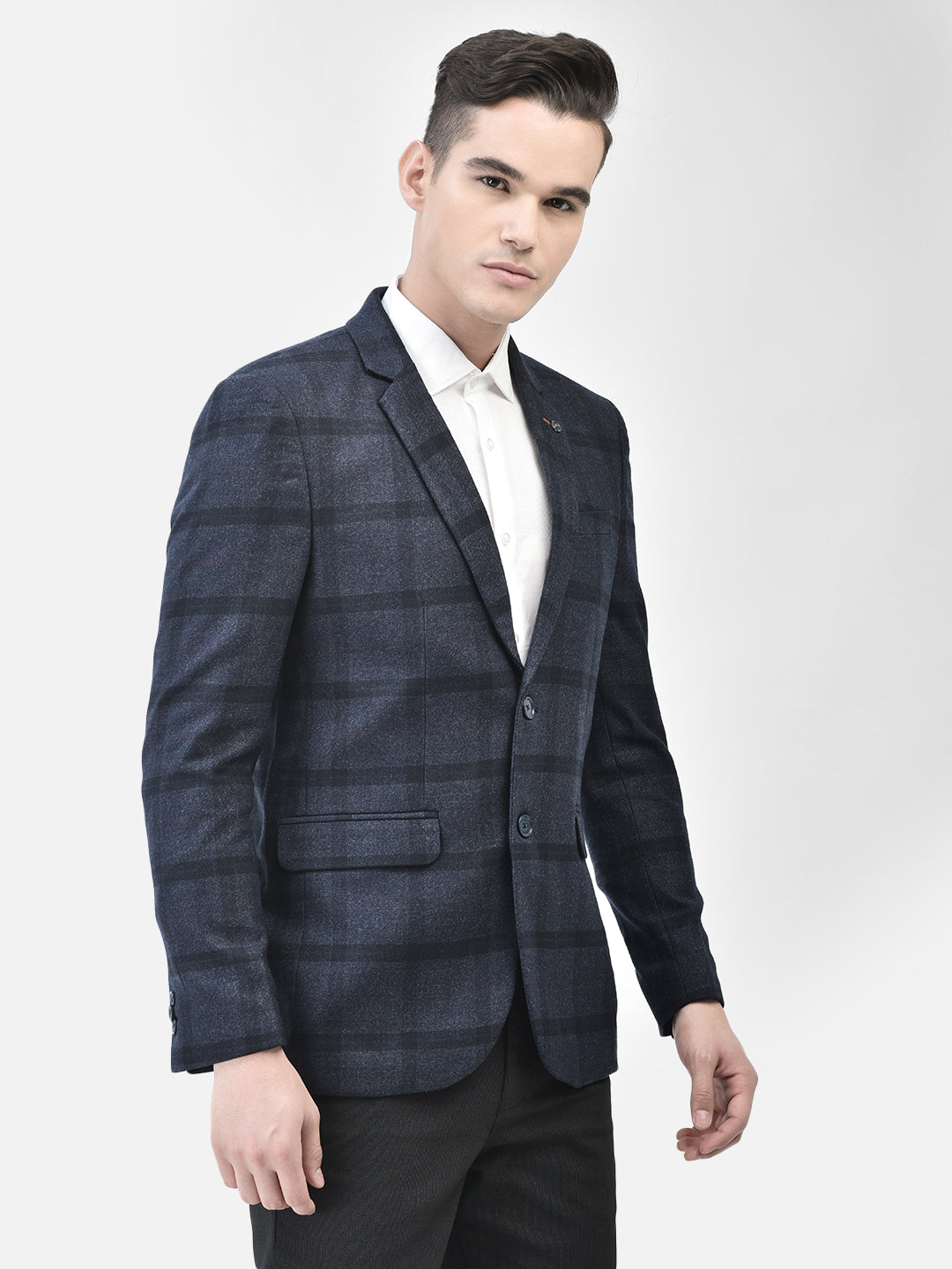 Navy Blue Checked Single Breasted Blazer-Men Blazers-Crimsoune Club