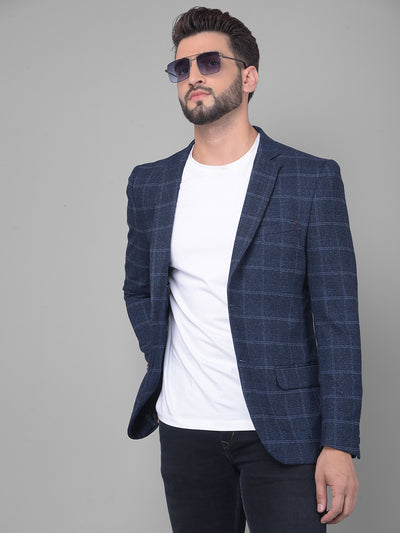 Navy Blue Checked Single Breasted Blazer-Men Blazers-Crimsoune Club