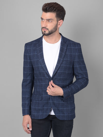 Navy Blue Checked Single Breasted Blazer-Men Blazers-Crimsoune Club