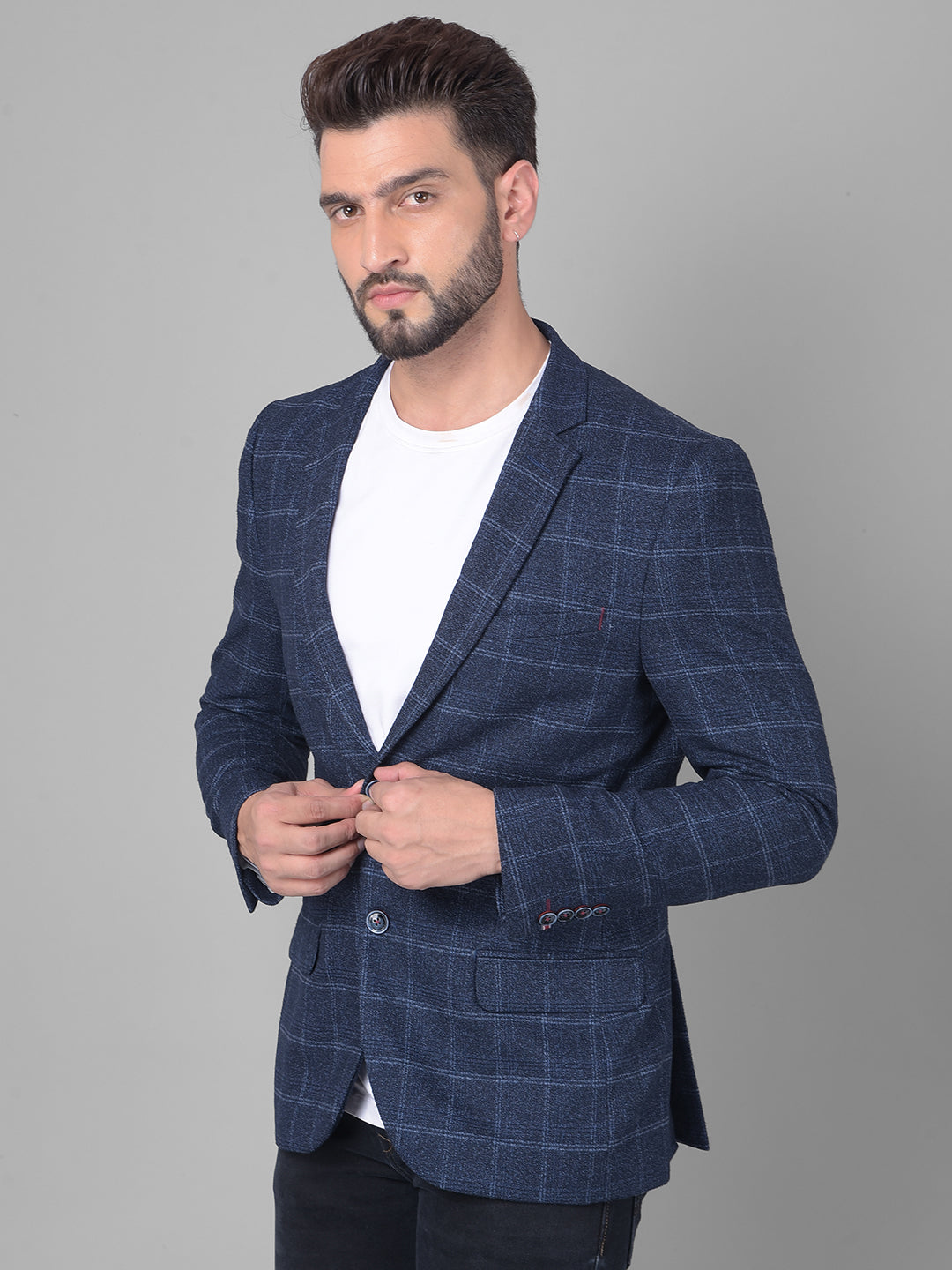 Navy Blue Checked Single Breasted Blazer-Men Blazers-Crimsoune Club