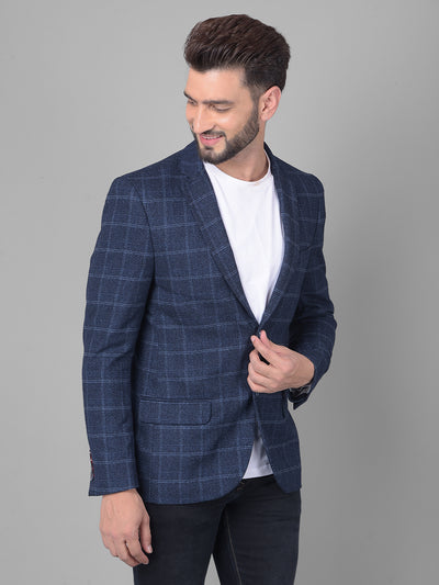 Navy Blue Checked Single Breasted Blazer-Men Blazers-Crimsoune Club