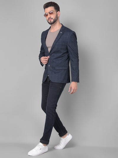 Navy Blue Checked Single Breasted Blazer-Men Blazers-Crimsoune Club