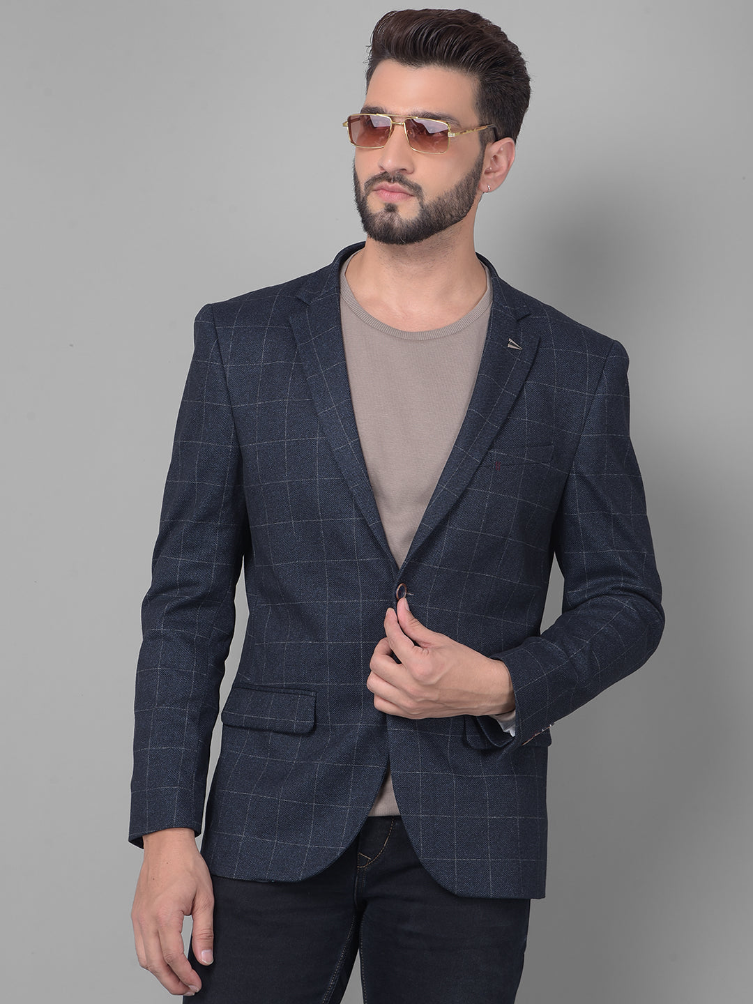 Navy Blue Checked Single Breasted Blazer-Men Blazers-Crimsoune Club