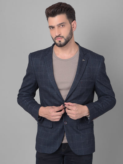 Navy Blue Checked Single Breasted Blazer-Men Blazers-Crimsoune Club