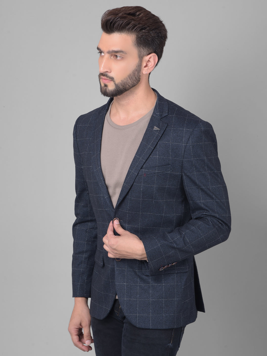 Navy Blue Checked Single Breasted Blazer-Men Blazers-Crimsoune Club