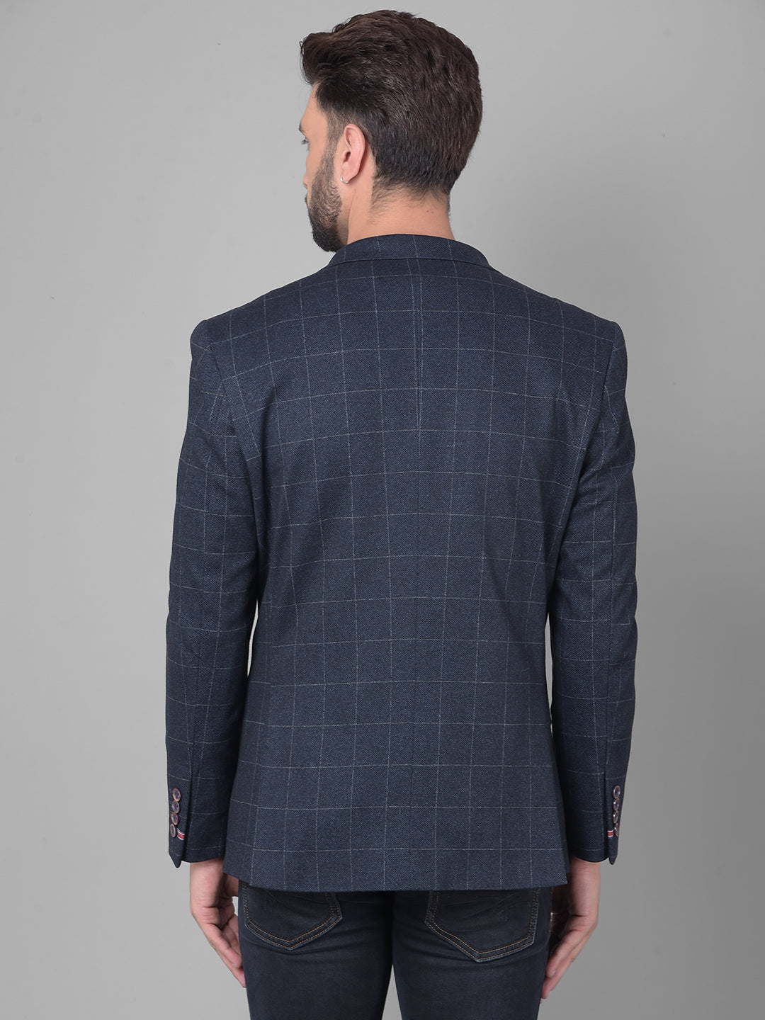 Navy Blue Checked Single Breasted Blazer-Men Blazers-Crimsoune Club