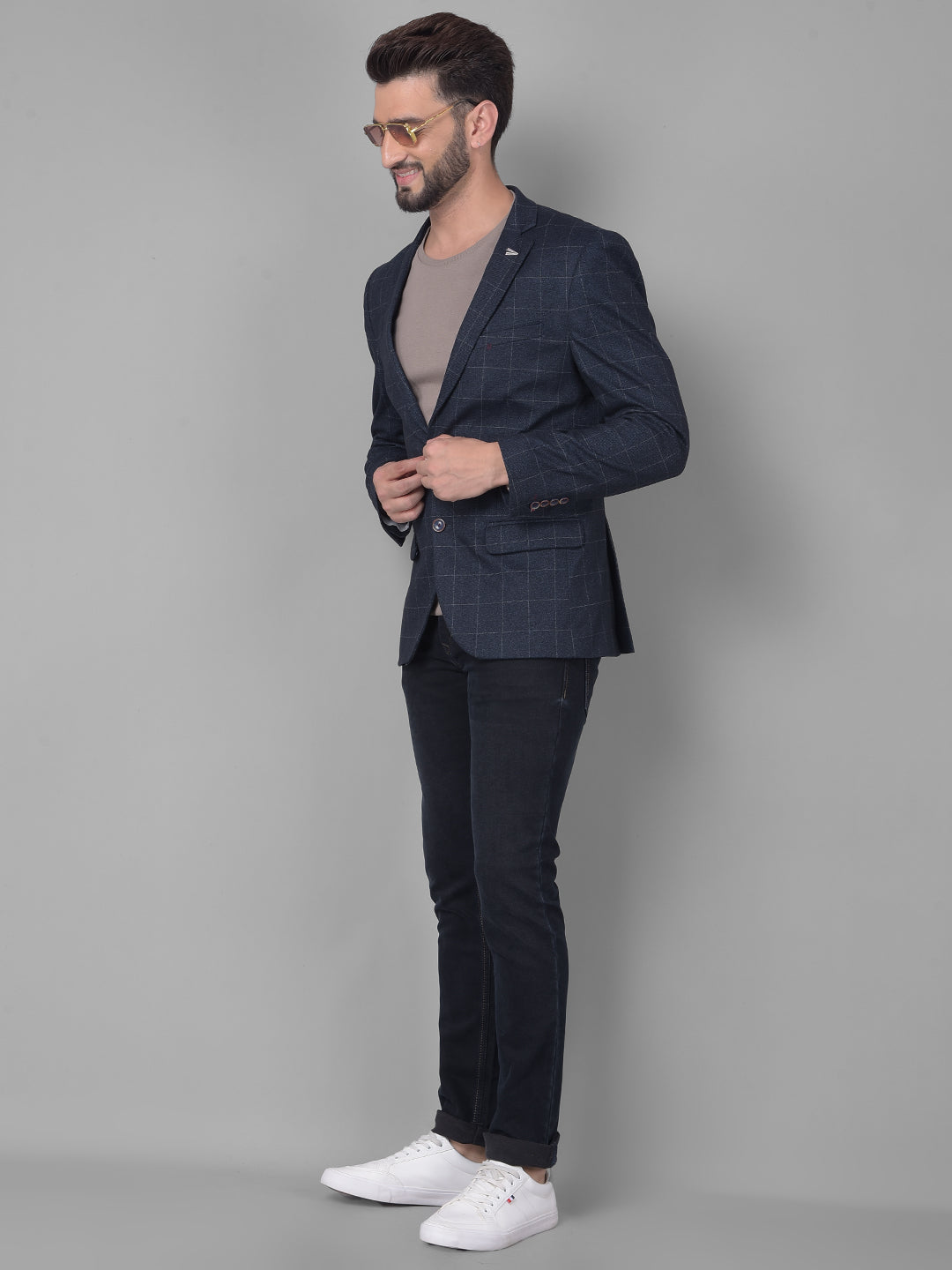 Navy Blue Checked Single Breasted Blazer-Men Blazers-Crimsoune Club