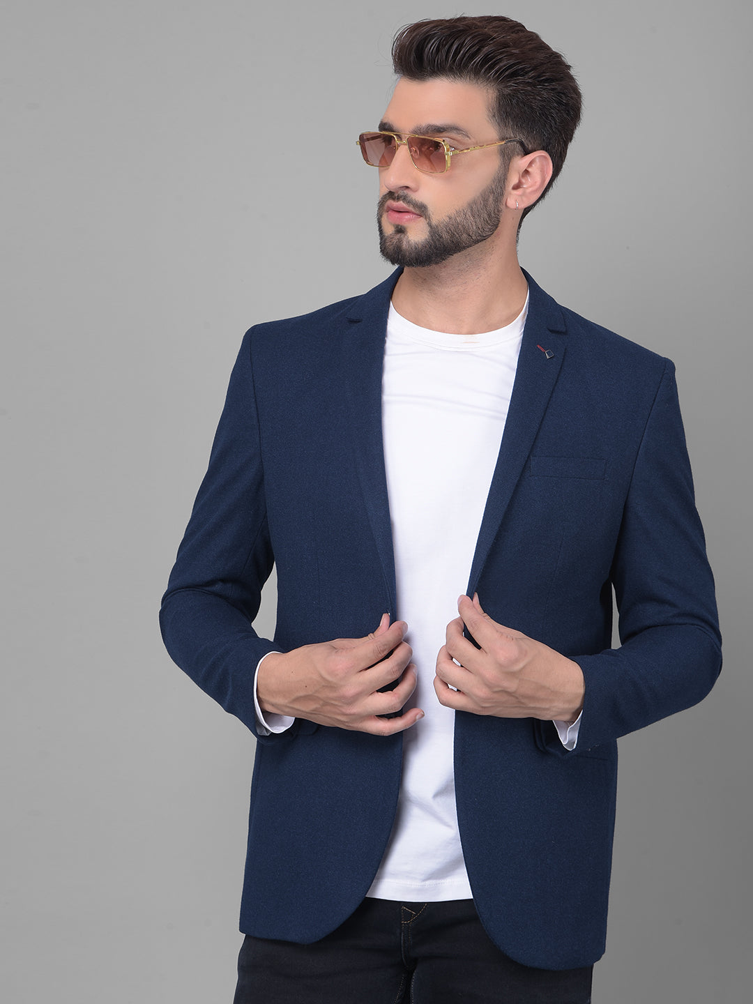 Navy Blue Single Breasted Blazer-Men Blazers-Crimsoune Club