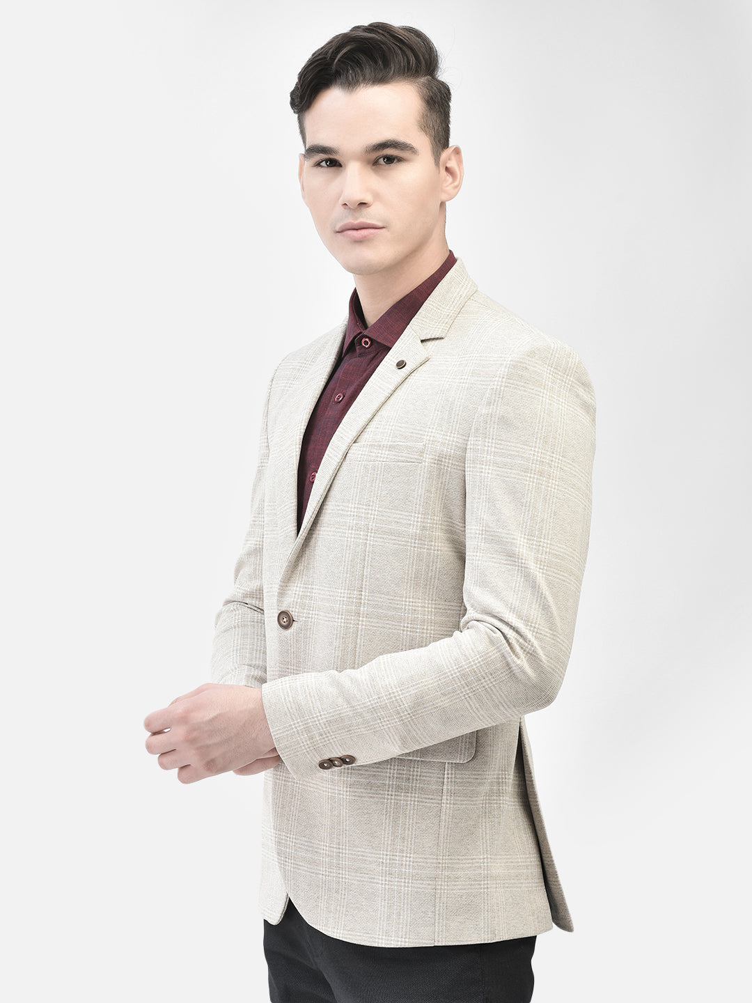 Beige Checked Single Breasted Blazer-Men Blazers-Crimsoune Club